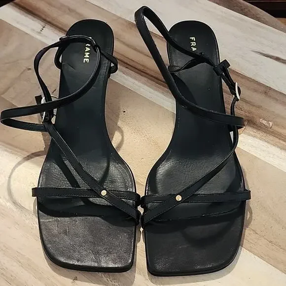 FRAME LE BRAXTON SANDAL SQUARE TOE ANKLE STRAP HEEL BLACK NOIR SIZE 40